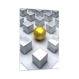 Cuadro sobre vidrio - Impresiones sobre Vidrio - Una esfera dorada rodeada de cubos de plata. - 50x70cm - ¿Por qué yo? Composición geométrica - Decoración de pared moderna para salón y dormitorio ARTTOR