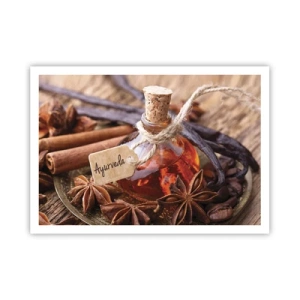 Póster - Una botella de aceite de especias en una bandeja. - 100x70cm - Hacia la unidad del cuerpo y el espíritu - Decoración de pared moderna para salón y dormitorio ARTTOR