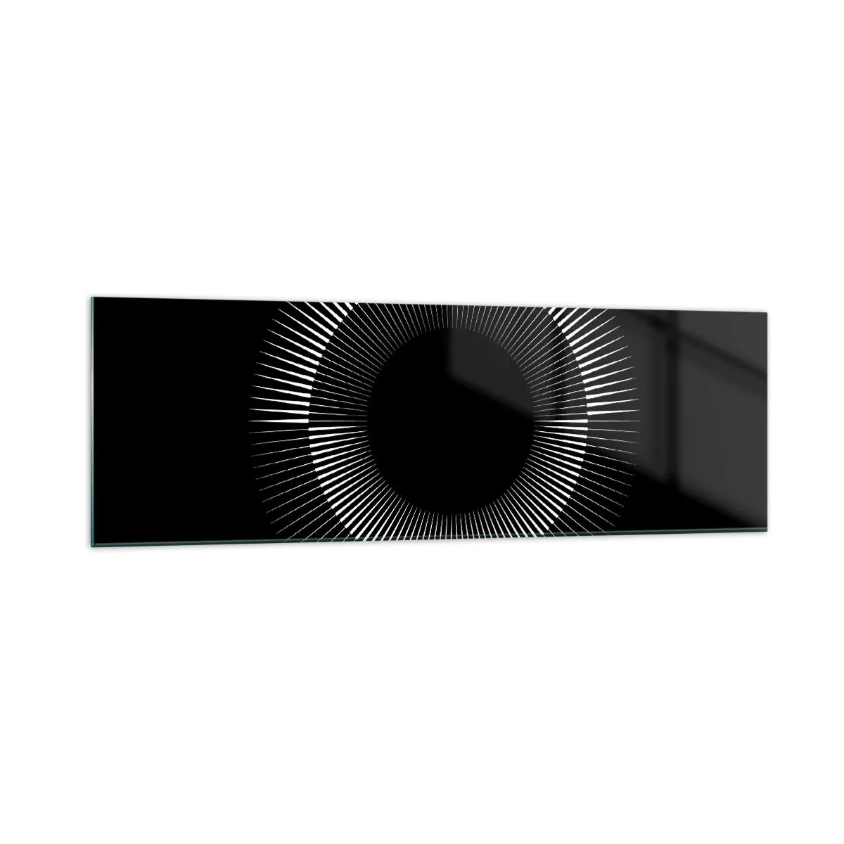 Cuadro sobre vidrio - Impresiones sobre Vidrio - Círculo gráfico con rayos en blanco y negro - 160x50cm - Sol negro - Decoración de pared moderna para salón y dormitorio ARTTOR