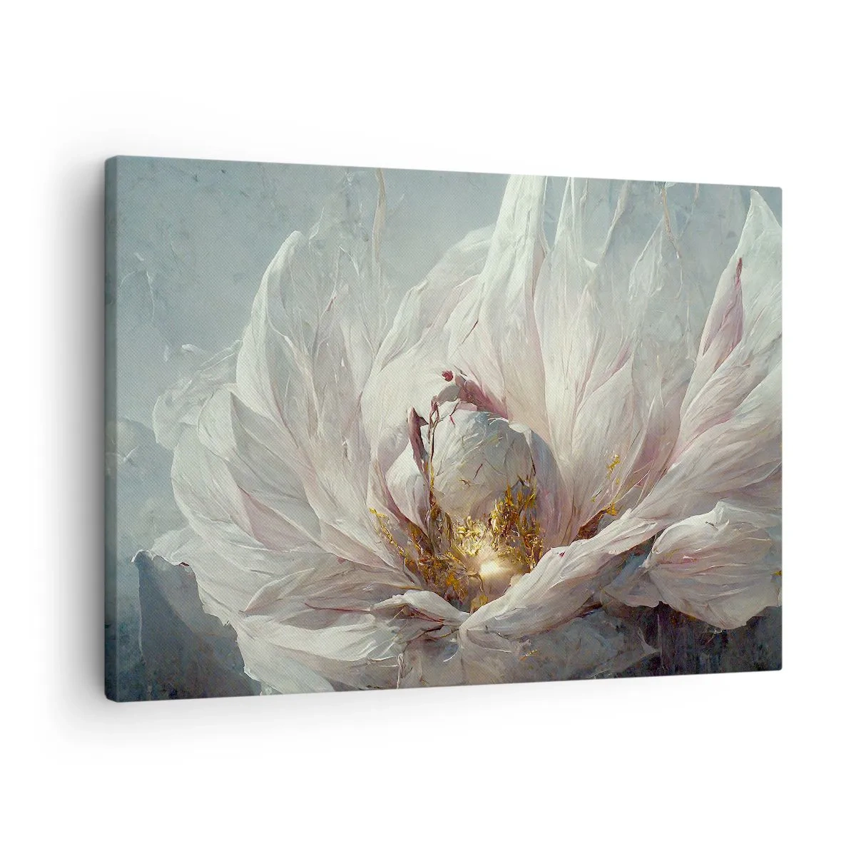 Cuadro sobre lienzo - Impresión de Imagen - Una delicada flor blanca con sutiles acentos dorados. - 70x50cm - Florece una vez cada cien años - Decoración de pared moderna para salón y dormitorio ARTTOR