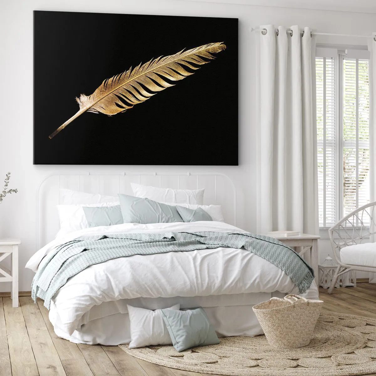 Cuadro sobre lienzo - Impresión de Imagen - Pluma dorada sobre fondo negro - 70x50cm - Pluma de alta calidad - Decoración de pared moderna para salón y dormitorio ARTTOR