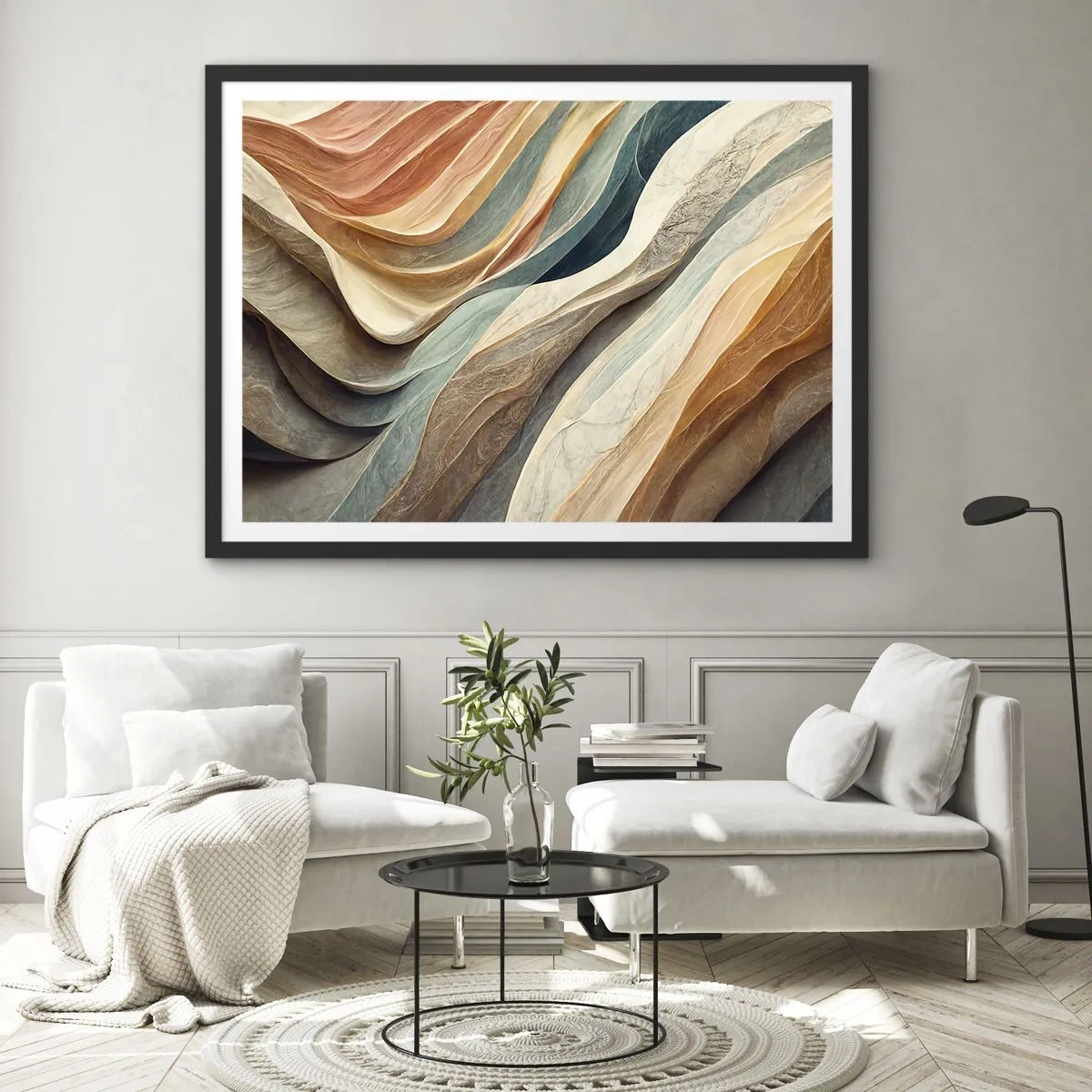 Póster en marco negro - Ondas abstractas en tonos pastel - 70x50cm - Momentos previos al cambio - Decoración de pared moderna para salón y dormitorio ARTTOR