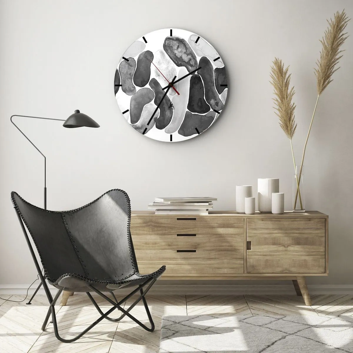 Reloj de pared - Reloj de vidrio - Formas orgánicas grises que se asemejan a piedras. - 30x30cm - Abstracción pétrea - Decoración de pared moderna para salón, cocina y dormitorio ARTTOR