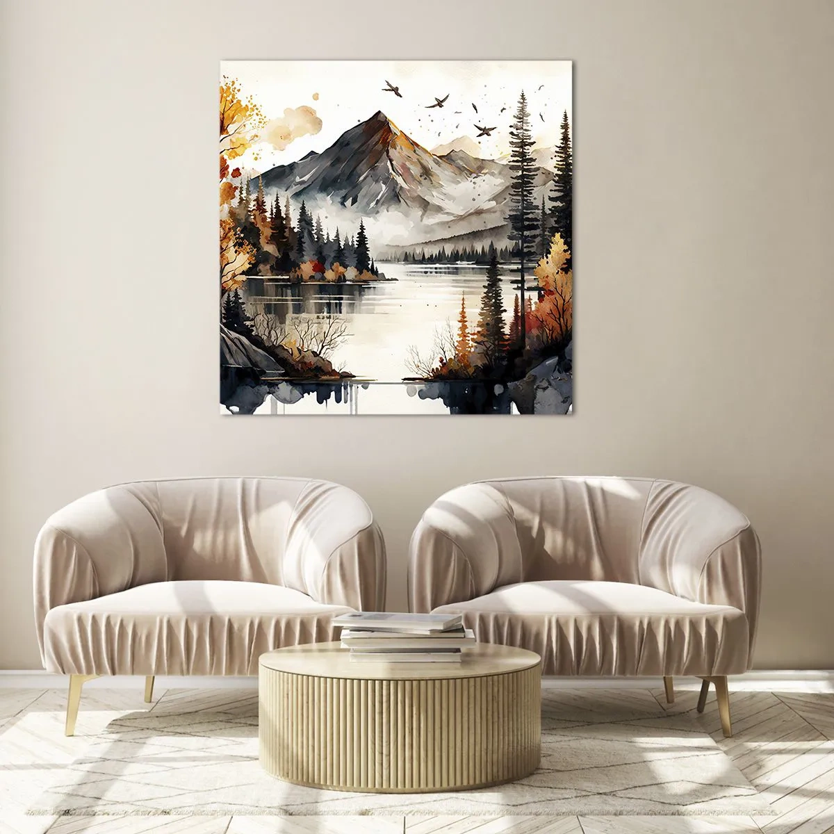 Cuadro sobre vidrio - Impresiones sobre Vidrio - Otoño dorado en las montañas - 30x30 cm