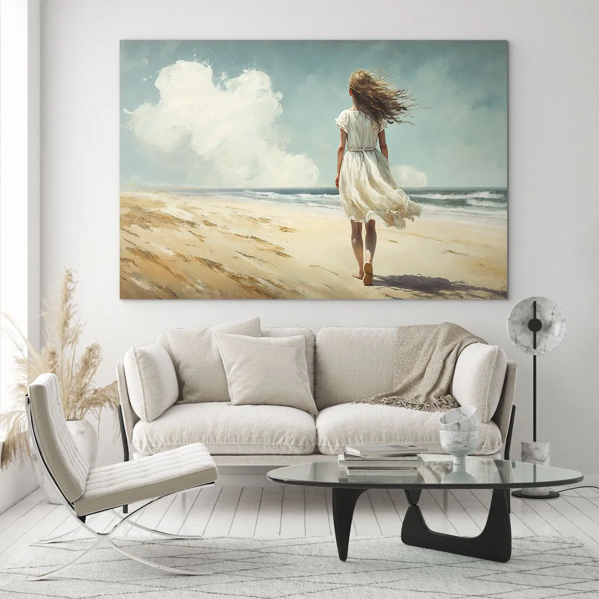 Cuadro sobre vidrio - Impresiones sobre Vidrio - Una mujer con un vestido blanco caminando descalza en una playa soleada. - 70x50cm - Al encuentro del sol y del viento - Decoración de pared moderna para salón y dormitorio ARTTOR