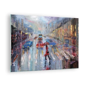 Cuadro sobre vidrio - Impresiones sobre Vidrio - Escena de la ciudad por la noche con lluvia y luces de colores. - 70x50cm - Una tarde de lluvia en la ciudad - Decoración de pared moderna para salón y dormitorio ARTTOR