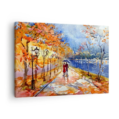 Cuadro sobre lienzo - Impresión de Imagen - Un paseo otoñal por el parque a orillas del río bajo una sombrilla. - 70x50cm - Juntos hasta el límite del tiempo - Decoración de pared moderna para salón y dormitorio ARTTOR
