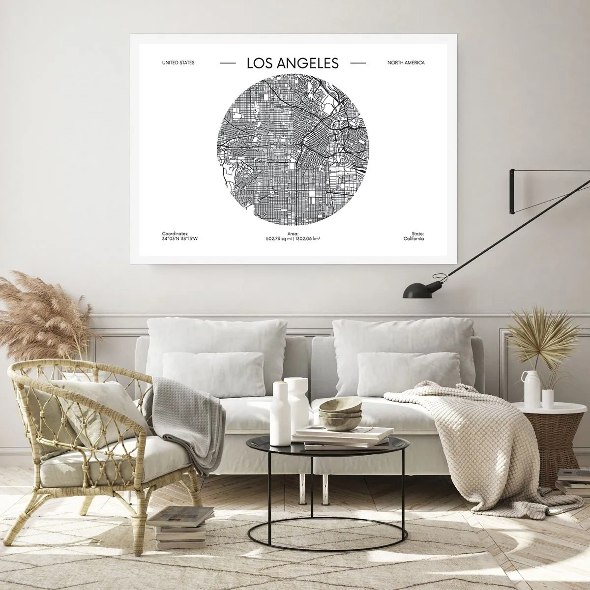 Póster - Un mapa de Los Ángeles en un estilo minimalista en blanco y negro. - 100x70cm - Anatomía de Los Ángeles - Decoración de pared moderna para salón y dormitorio ARTTOR