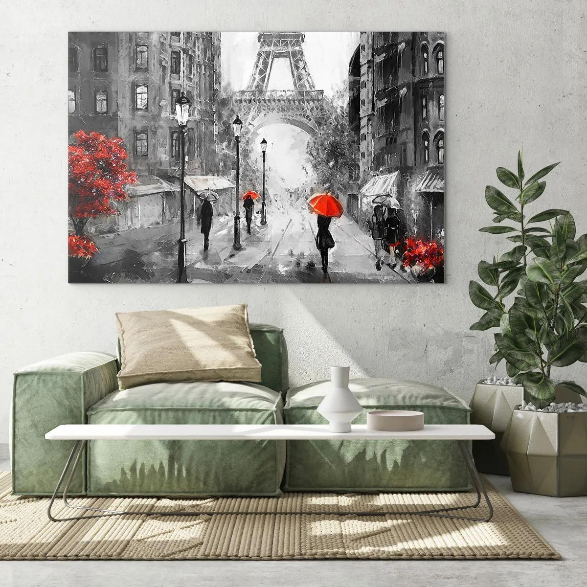 Cuadro sobre vidrio - Impresiones sobre Vidrio - La Torre Eiffel en un paisaje monocromático con acentos rojos. - 120x80cm - Todos los caminos conducen a ella - Decoración de pared moderna para salón y dormitorio ARTTOR
