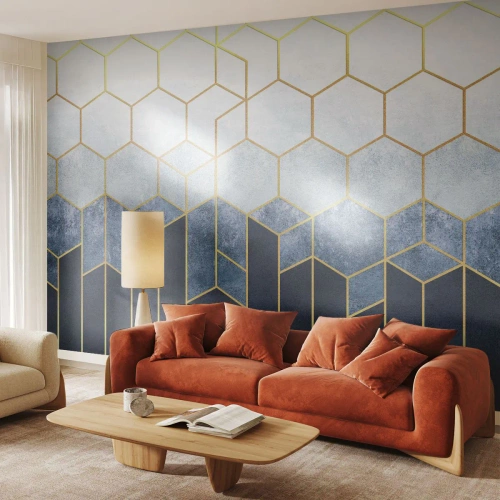 Fotomural Standard Eco - Patrón geométrico con hexágonos y líneas doradas. - 100x70cm - Composición rítmica visual - Decoración de pared moderna para salón y dormitorio ARTTOR