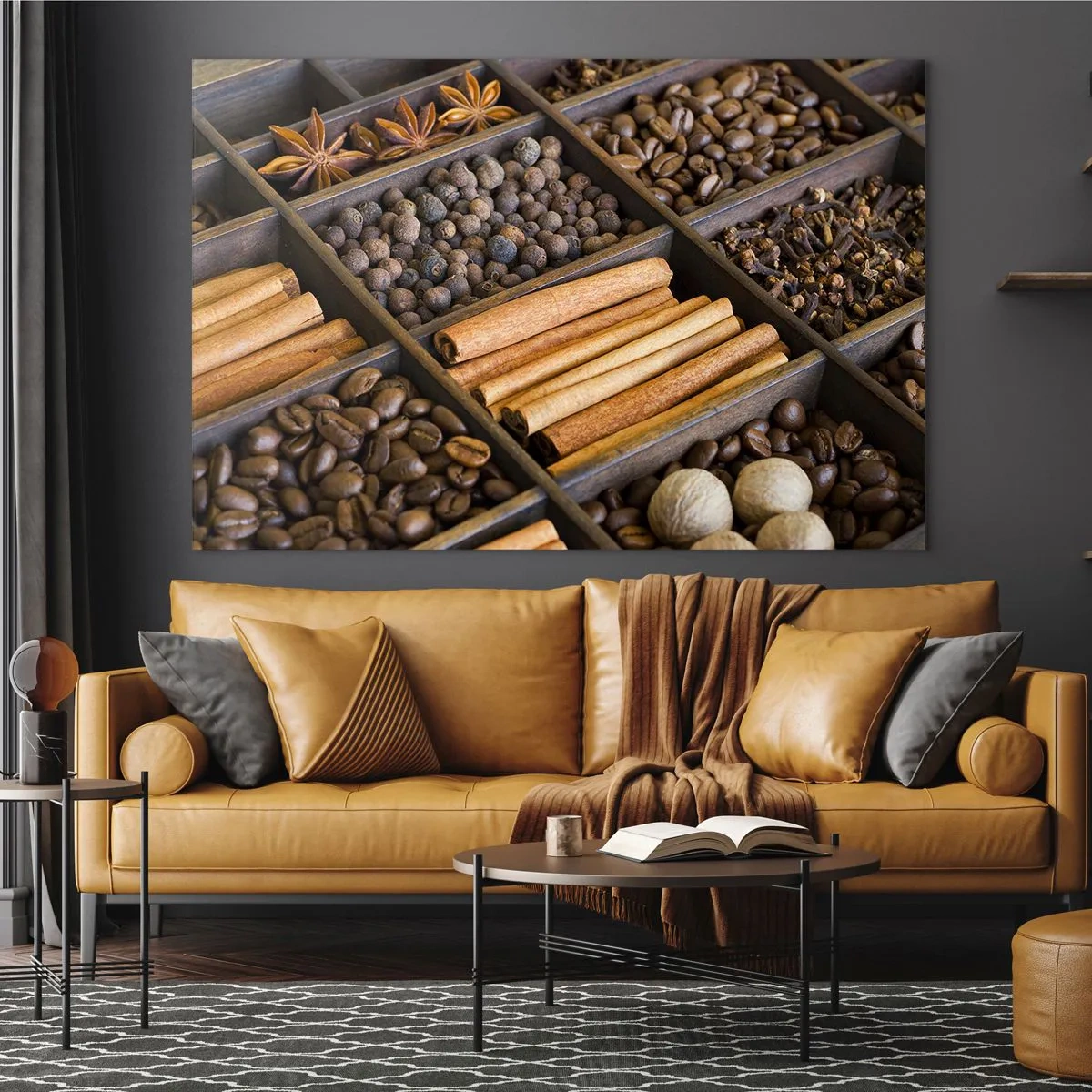 Cuadro sobre vidrio - Impresiones sobre Vidrio - Especias en compartimentos de madera - 70x50cm - Un tesoro de aromas - Decoración de pared moderna para salón y dormitorio ARTTOR