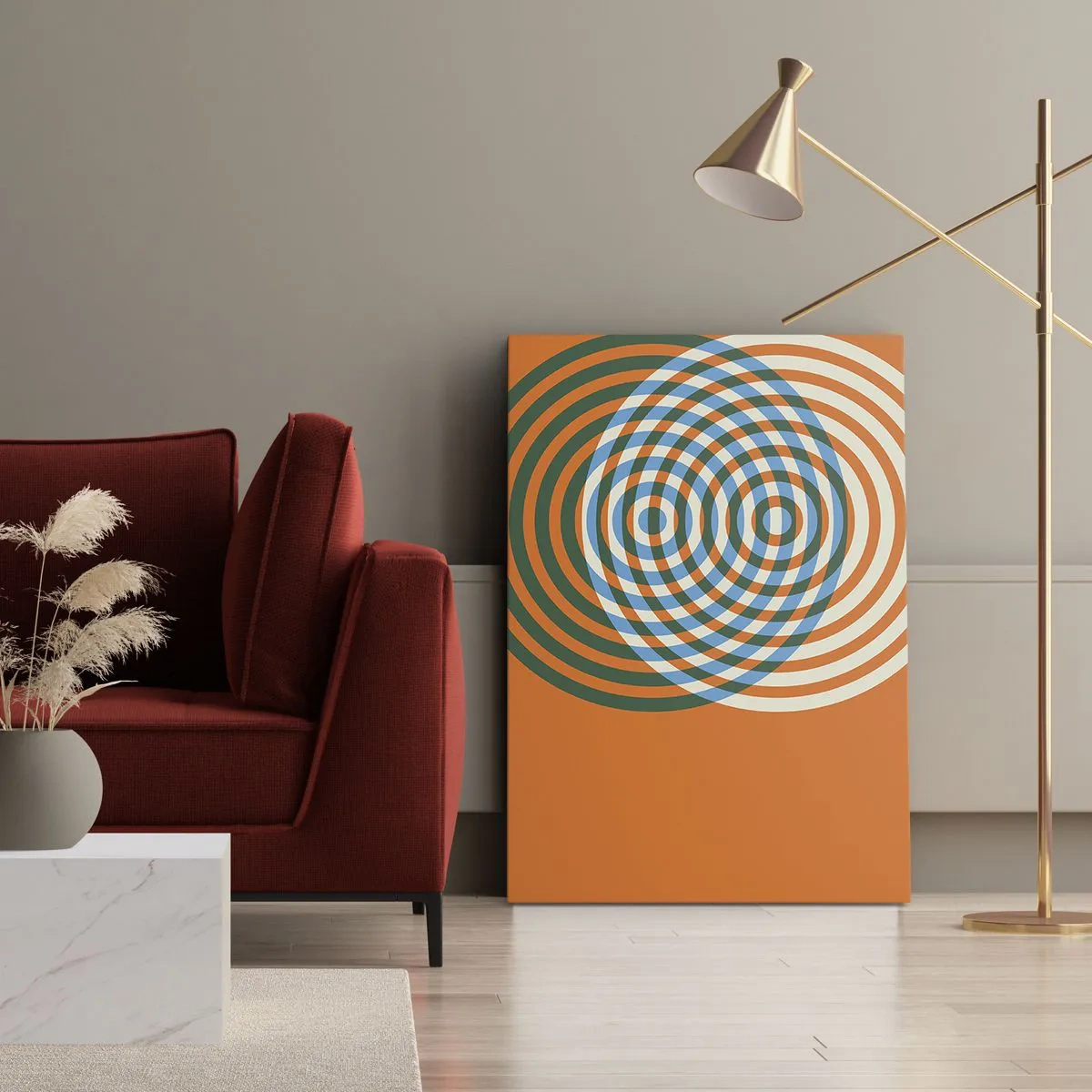 Cuadro sobre lienzo - Impresión de Imagen - Círculos concéntricos sobre un fondo naranja - 80x120cm - Círculos y abstracción - Decoración de pared moderna para salón y dormitorio ARTTOR