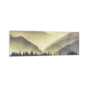 Cuadro sobre vidrio - Impresiones sobre Vidrio - Pintorescas cadenas montañosas envueltas en niebla y con una luz cálida - 160x50cm - Más allá de las siete montañas... - Decoración de pared moderna para salón y dormitorio ARTTOR