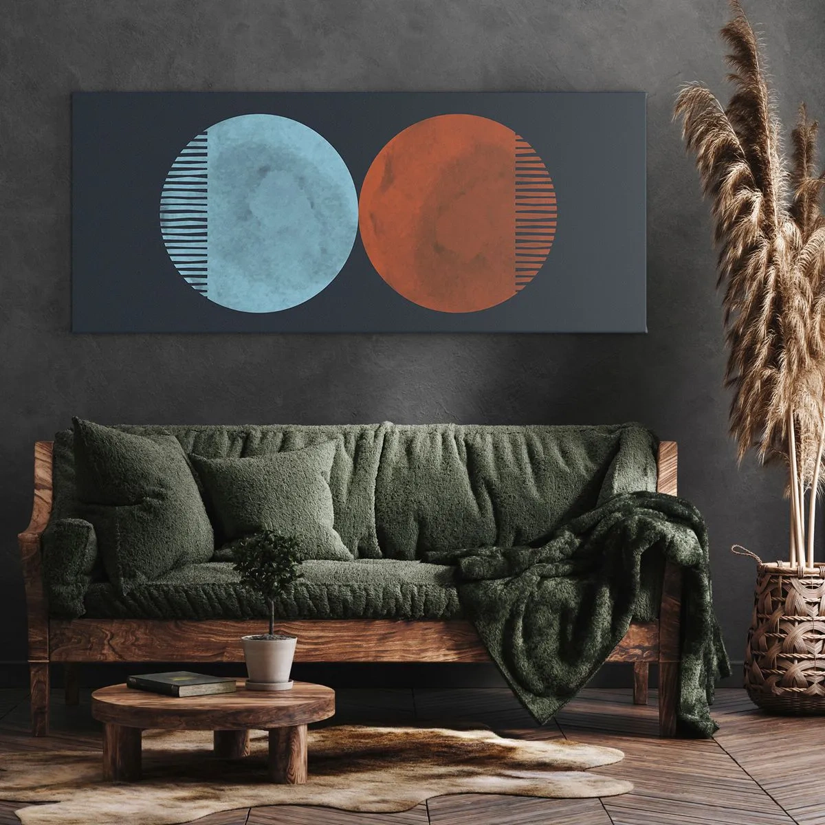 Cuadro sobre lienzo - Impresión de Imagen - Diseño minimalista de dos ruedas en azul y naranja. - 160x50cm - ¿Solo geometría? - Decoración de pared moderna para salón y dormitorio ARTTOR