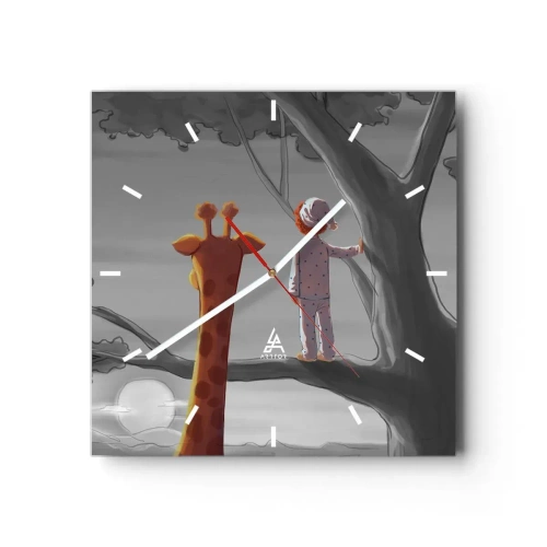 Reloj de pared - Reloj de vidrio - Un niño y una jirafa en la rama de un árbol en un paisaje de cuento de hadas. - 30x30cm - ¿Está sucediendo de verdad? - Decoración de pared moderna para salón y dormitorio ARTTOR