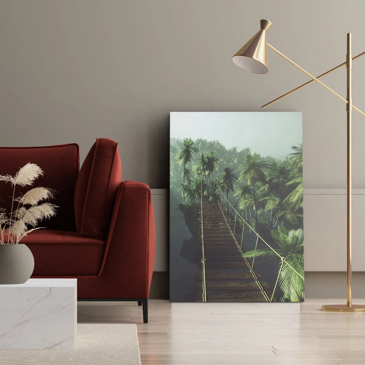 Cuadro sobre lienzo - Impresión de Imagen - Un puente colgante en un bosque tropical rodeado de niebla. - 50x70cm - Sobre un mar de verde - Decoración de pared moderna para salón y dormitorio ARTTOR
