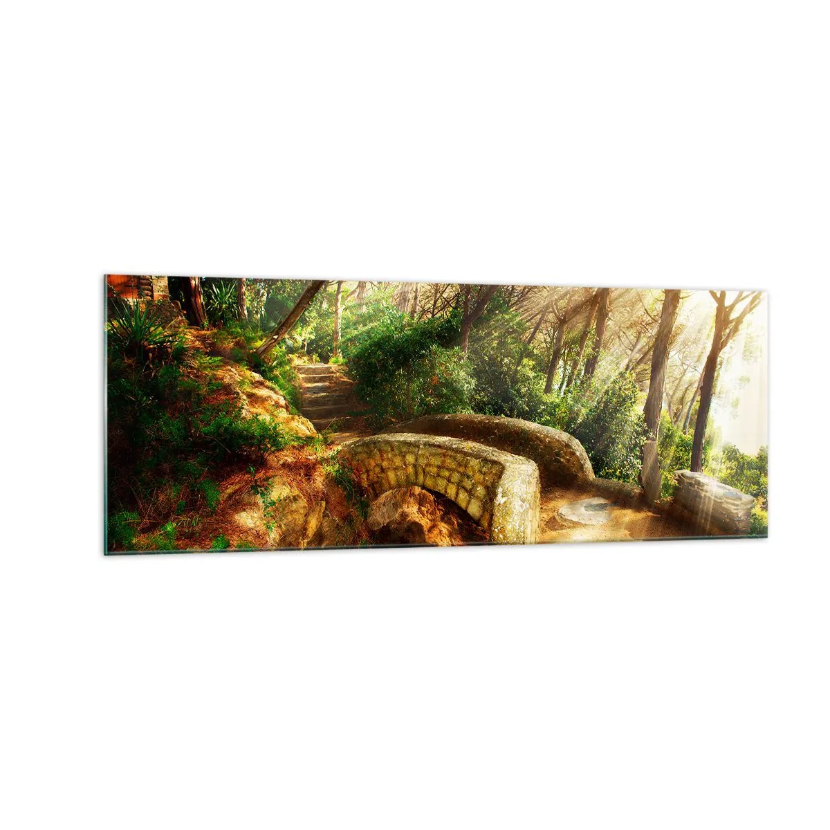 Cuadro sobre vidrio - Impresiones sobre Vidrio - Paisaje forestal con rayos de sol y un puente de piedra. - 140x50cm - Directamente desde el puente hacia el bosque de las hadas - Decoración de pared moderna para salón y dormitorio ARTTOR