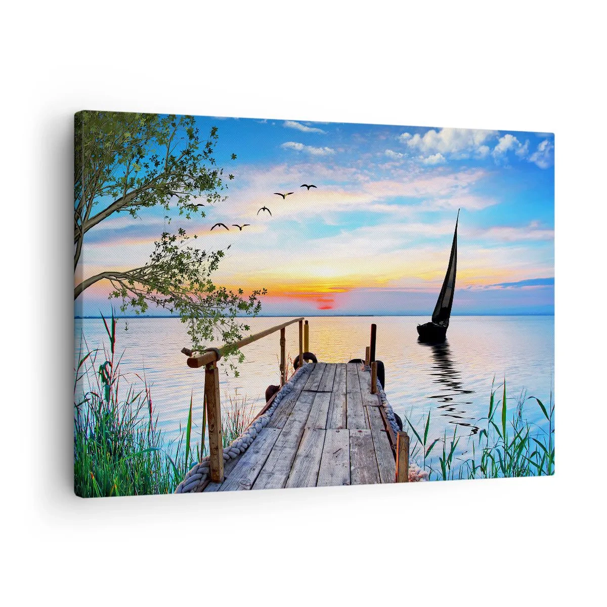 Cuadro sobre lienzo - Impresión de Imagen - Muelle del lago con barco y puesta de sol - 70x50cm - Que llegue la noche - Decoración de pared moderna para salón y dormitorio ARTTOR