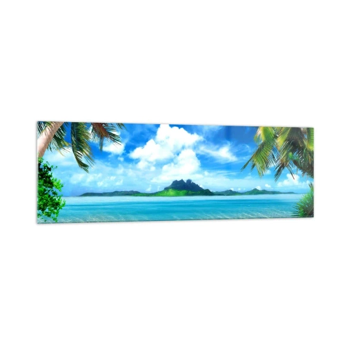 Cuadro sobre vidrio - Impresiones sobre Vidrio - Playa tropical con palmeras y vista a la isla. - 160x50cm - El azul de los trópicos - Decoración de pared moderna para salón y dormitorio ARTTOR