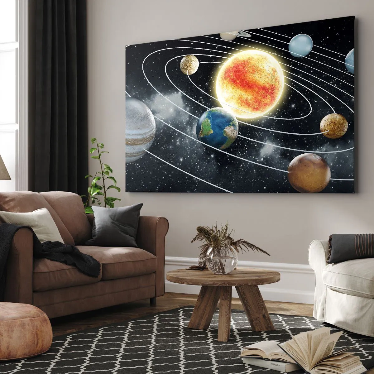 Cuadro sobre lienzo - Impresión de Imagen - Sistema solar con planetas y sol en el espacio. - 70x50cm - Danza cósmica - Decoración de pared moderna para salón y dormitorio ARTTOR