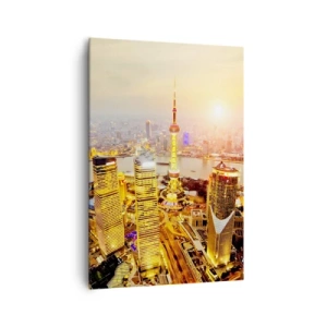 Cuadro sobre lienzo - Impresión de Imagen - Panorama de la ciudad con rascacielos al atardecer - 70x100cm - Sueño asiático - Decoración de pared moderna para salón y dormitorio ARTTOR