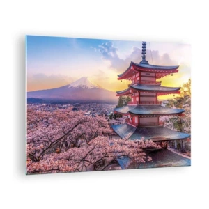 Cuadro sobre vidrio - Impresiones sobre Vidrio - Una pagoda en un paisaje japonés con vistas al monte Fuji y árboles en flor. - 70x50cm - La esencia del espíritu japonés - Decoración de pared moderna para salón y dormitorio ARTTOR