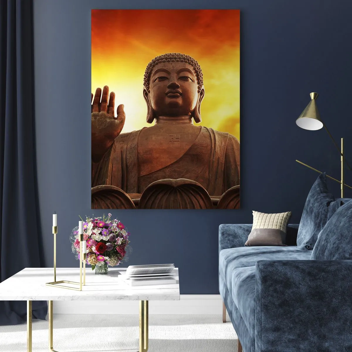 Cuadro sobre vidrio - Impresiones sobre Vidrio - Una estatua de Buda con el telón de fondo de una puesta de sol dorada. - 50x70cm - La calma del mundo - Decoración de pared moderna para salón y dormitorio ARTTOR