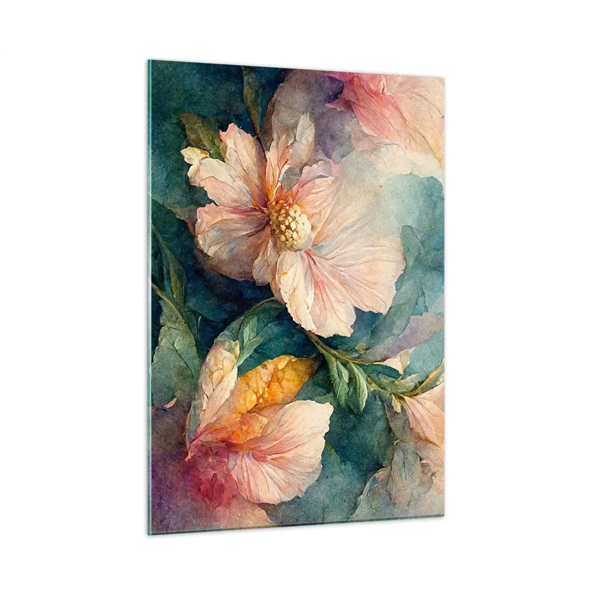 Cuadro sobre vidrio - Impresiones sobre Vidrio - Delicadas flores en tonos pastel de acuarela. - 50x70cm - La sutileza misma - Decoración de pared moderna para salón y dormitorio ARTTOR
