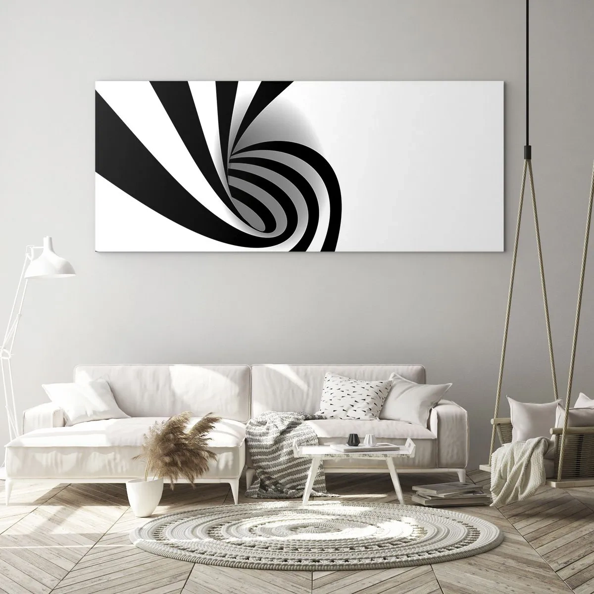 Cuadro sobre vidrio - Impresiones sobre Vidrio - Vórtice óptico abstracto en blanco y negro - 120x50cm - Y sin embargo, gira - Decoración de pared moderna para salón y dormitorio ARTTOR