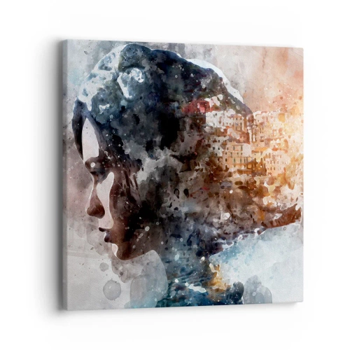 Cuadro sobre lienzo - Impresión de Imagen - Una historia sobre una niña con una ciudad de fondo - 40x40 cm