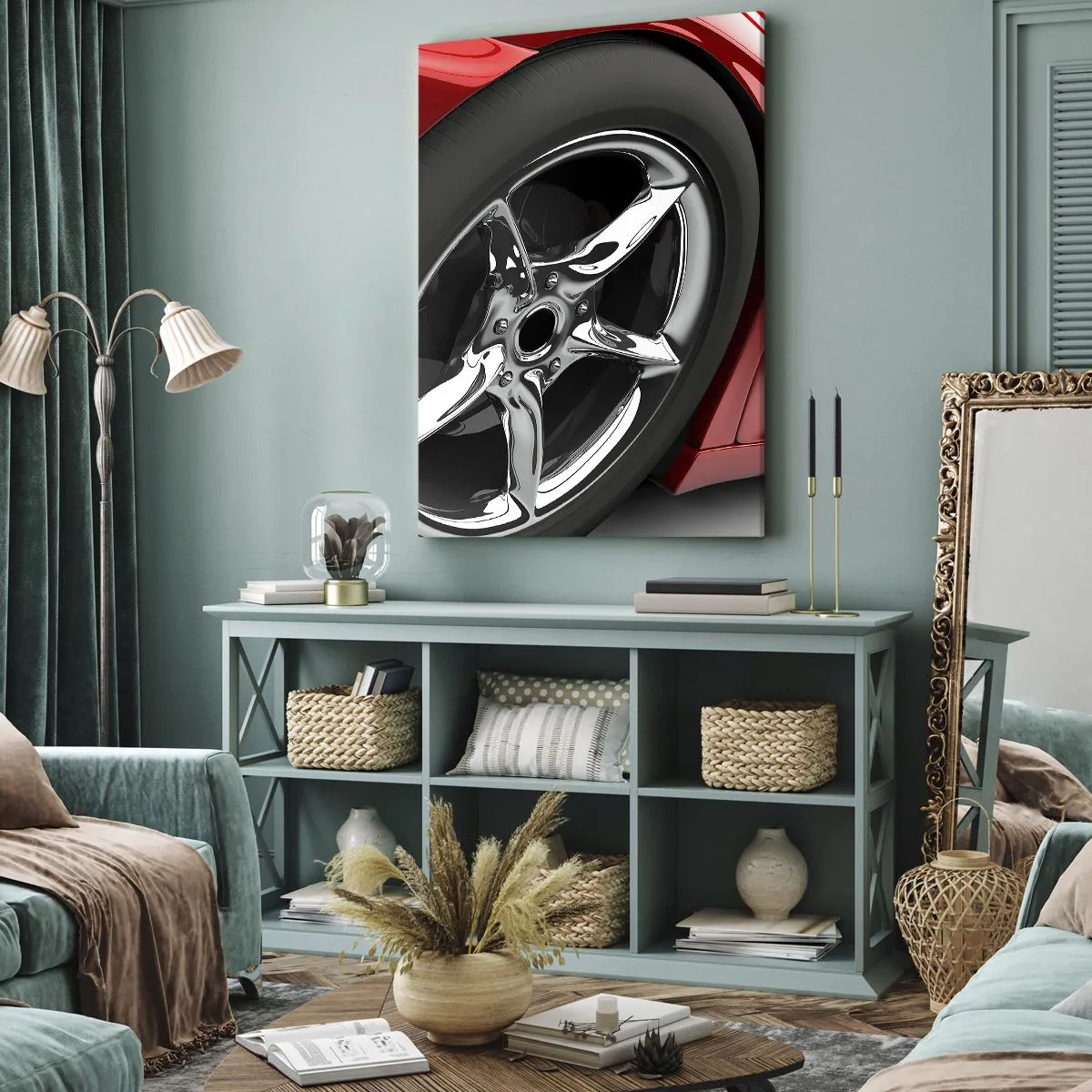 Cuadro sobre lienzo - Impresión de Imagen - Coche deportivo rojo con ruedas cromadas - 50x70cm - Creado para la velocidad - Decoración de pared moderna para salón y dormitorio ARTTOR