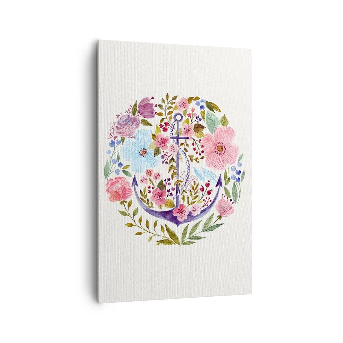 Cuadro sobre lienzo - Impresión de Imagen - Un ancla rodeada de flores de acuarela sobre un fondo claro. - 80x120cm - El sueño reparador de un marinero - Decoración de pared moderna para salón y dormitorio ARTTOR
