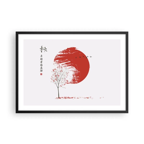 Póster en marco negro - Círculo rojo y árbol de estilo japonés. - 70x50cm - ¿Conoces este país? - Decoración de pared moderna para salón y dormitorio ARTTOR
