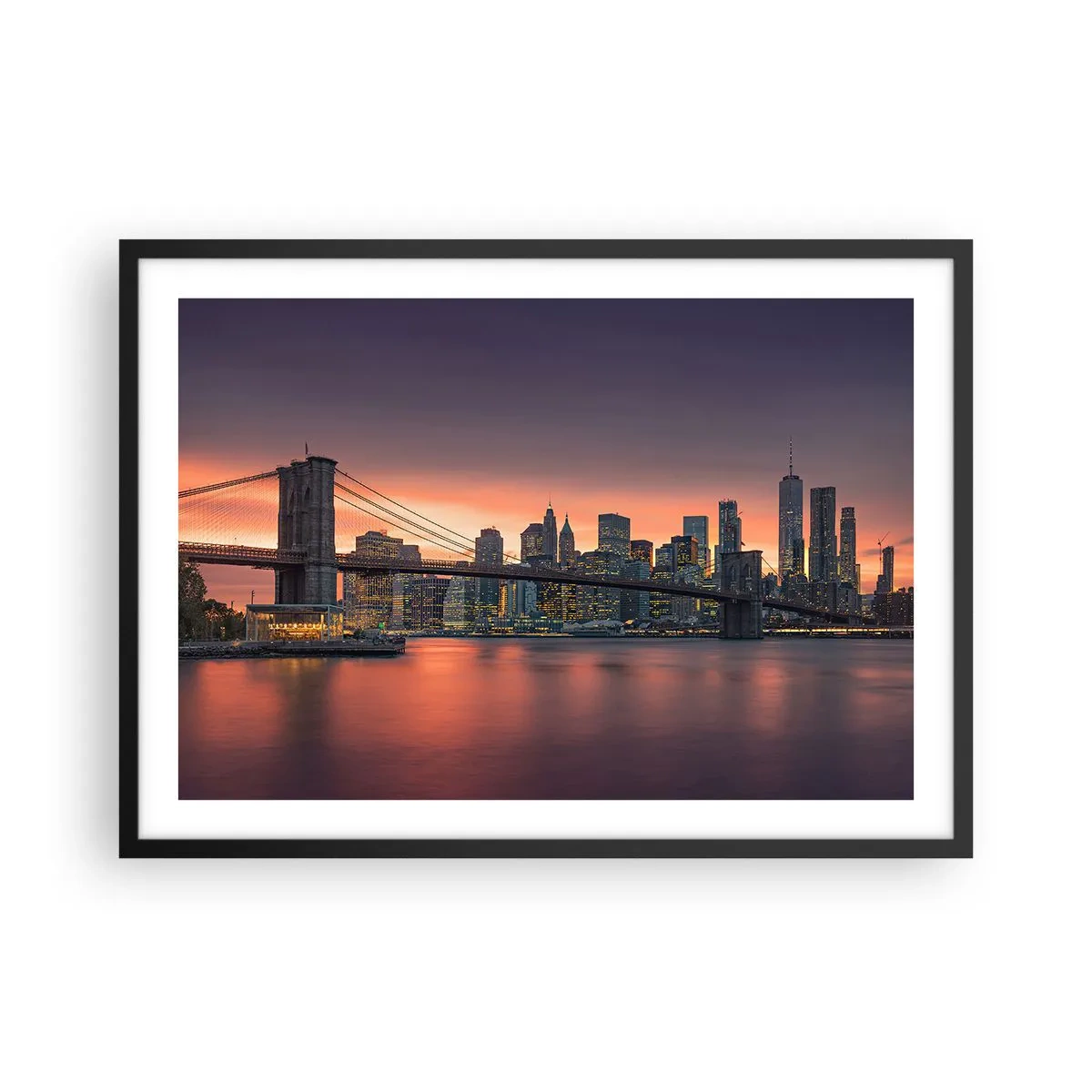 Póster en marco negro - Panorama nocturno de la ciudad con un puente y un cielo iluminado. - 70x50cm - Ahogado en el silencio lila - Decoración de pared moderna para salón y dormitorio ARTTOR