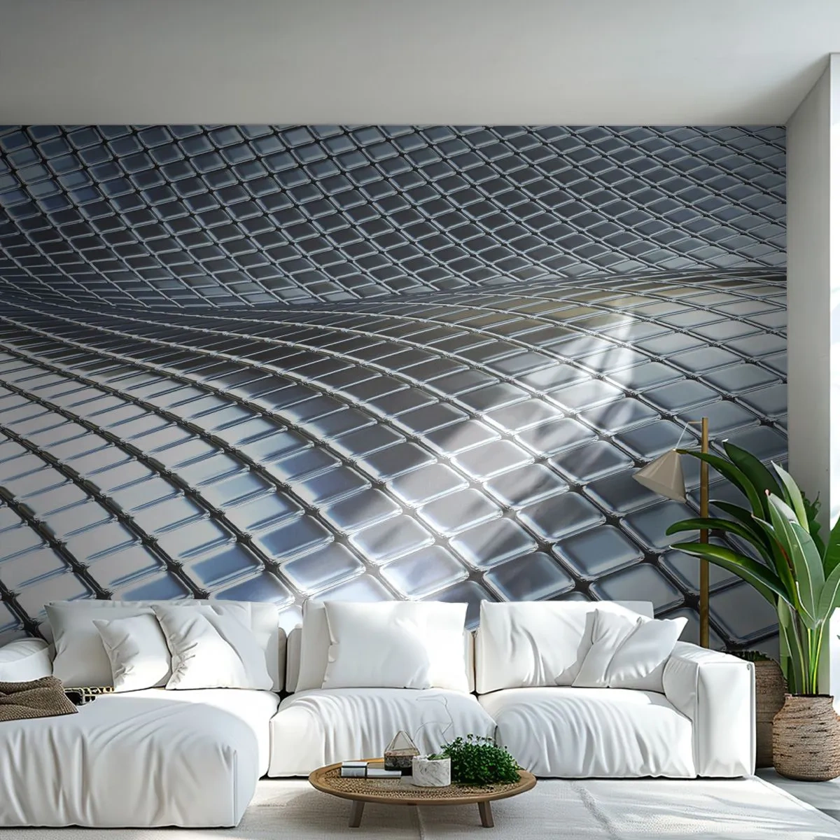 Fotomural Premium Sand - Estructura futurista 3D de plata - 100x70cm - Ola de plata - Decoración de pared moderna para salón y dormitorio ARTTOR
