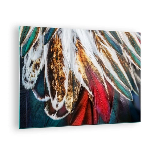 Cuadro sobre vidrio - Impresiones sobre Vidrio - Plumas de colores en una rica paleta de colores con una textura distintiva. - 70x50cm - Los misterios del vuelo - Decoración de pared moderna para salón y dormitorio ARTTOR