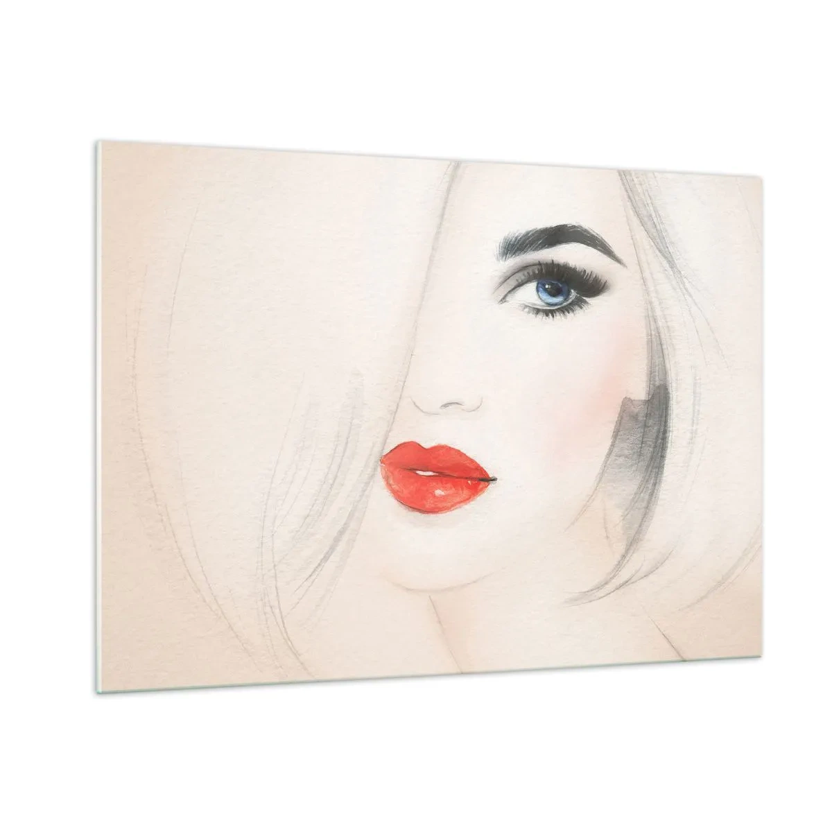 Cuadro sobre vidrio - Impresiones sobre Vidrio - Retrato de una mujer con cabello claro, labios rojos y ojos azules. - 100x70cm - Hipnotiza y embriaga - Decoración de pared moderna para salón y dormitorio ARTTOR