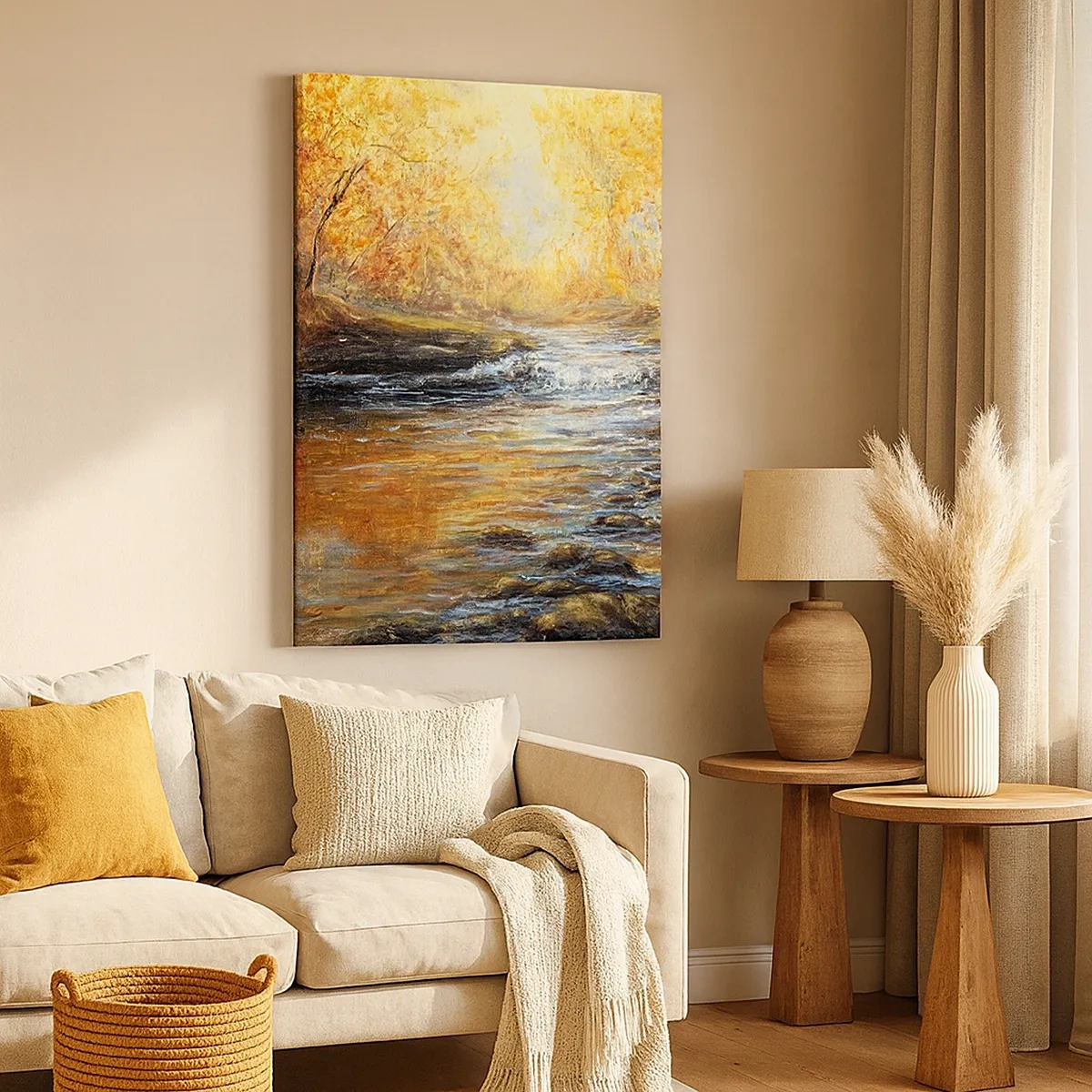 Cuadro sobre lienzo - Impresión de Imagen - Paisaje otoñal con un río entre los árboles. - 50x70cm - Arroyo de oro - Decoración de pared moderna para salón y dormitorio ARTTOR