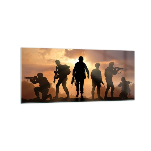 Cuadro sobre vidrio - Impresiones sobre Vidrio - Soldados con el sol poniente como telón de fondo en un entorno dinámico. - 120x50cm - Hermanos de armas - Decoración de pared moderna para salón y dormitorio ARTTOR