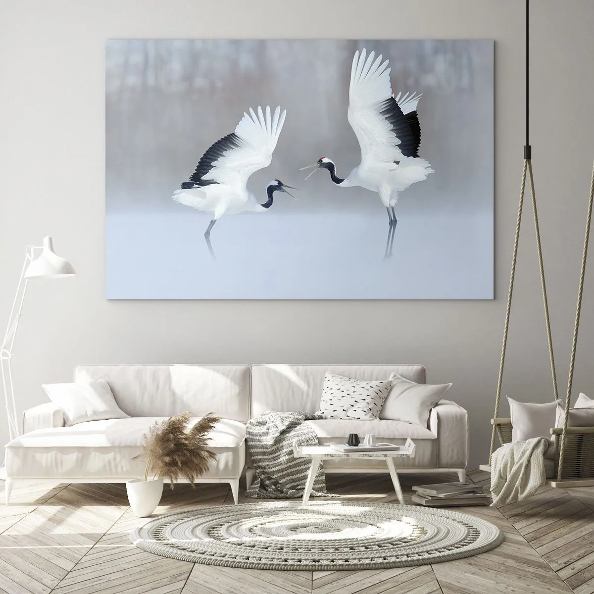 Cuadro sobre vidrio - Impresiones sobre Vidrio - Grullas danzantes con el telón de fondo de un paisaje invernal - 70x50cm - Danza en la niebla - Decoración de pared moderna para salón y dormitorio ARTTOR