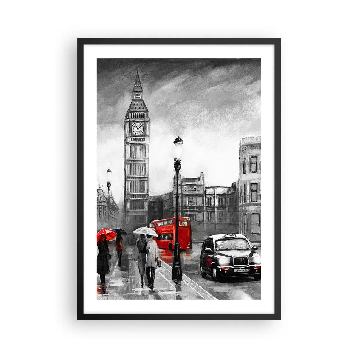 Póster en marco negro - El Big Ben en un día lluvioso con acentos rojos - 50x70cm - No tan gris como la pintan - Decoración de pared moderna para salón y dormitorio ARTTOR