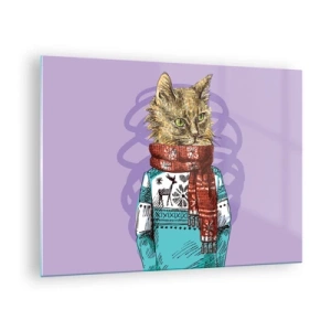 Cuadro sobre vidrio - Impresiones sobre Vidrio - Un gato con un suéter y una bufanda sobre un fondo morado. - 70x50cm - El gato no solo tenía botas - Decoración de pared moderna para salón y dormitorio ARTTOR