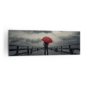 Cuadro sobre lienzo - Impresión de Imagen - Una persona con un paraguas rojo en un muelle lluvioso. - 160x50cm - No importa que llueva - Decoración de pared moderna para salón y dormitorio ARTTOR