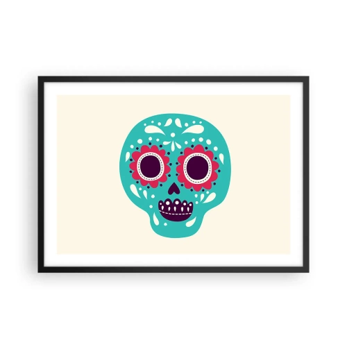 Póster en marco negro - Una calavera de azúcar turquesa y morada inspirada en la cultura mexicana. - 70x50cm - La vida: diversión hasta la muerte - Decoración de pared moderna para salón y dormitorio ARTTOR