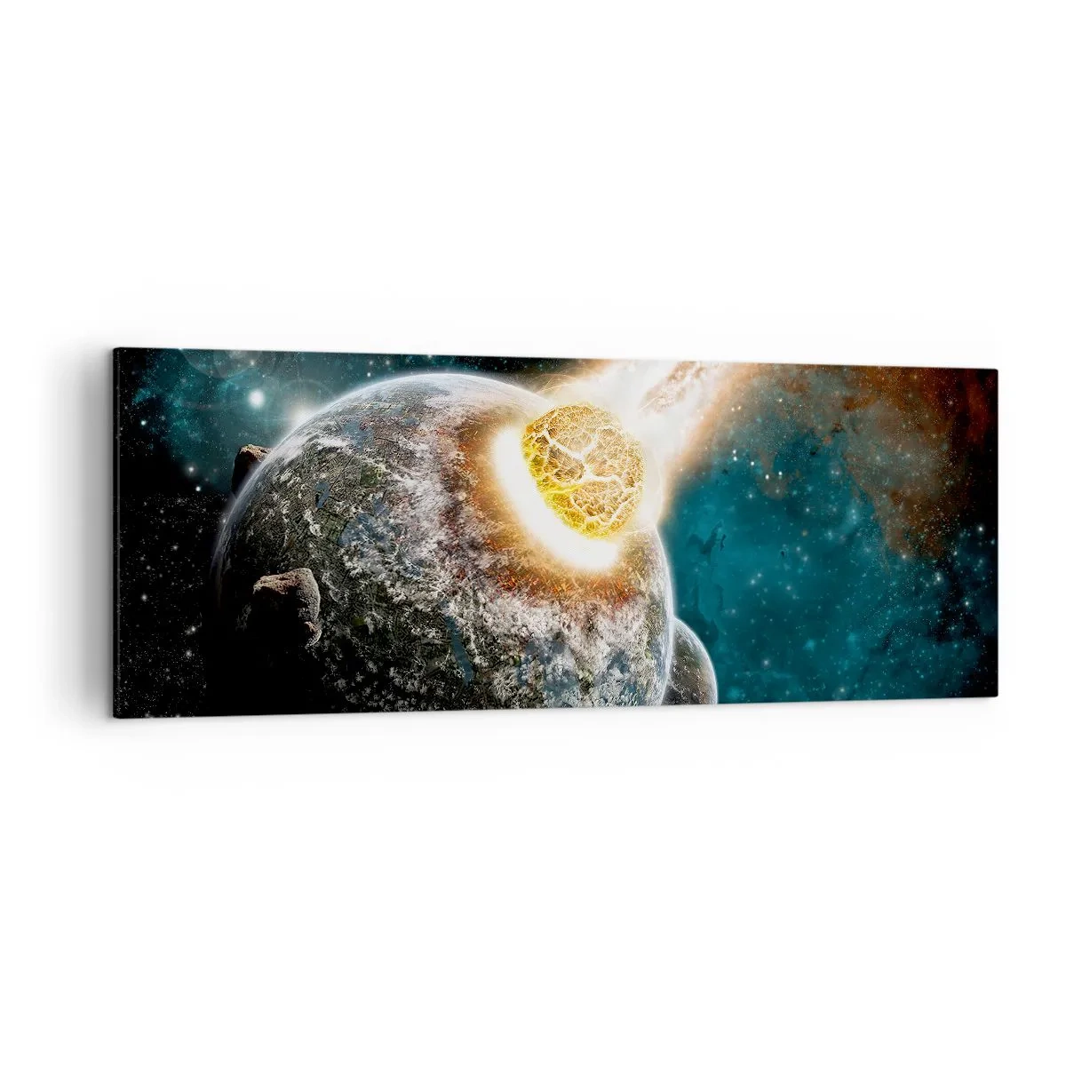 Cuadro sobre lienzo - Impresión de Imagen - Colisión cósmica de un planeta con un asteroide en las proximidades de la galaxia. - 140x50cm - ¿Condena o nacimiento? - Decoración de pared moderna para salón y dormitorio ARTTOR
