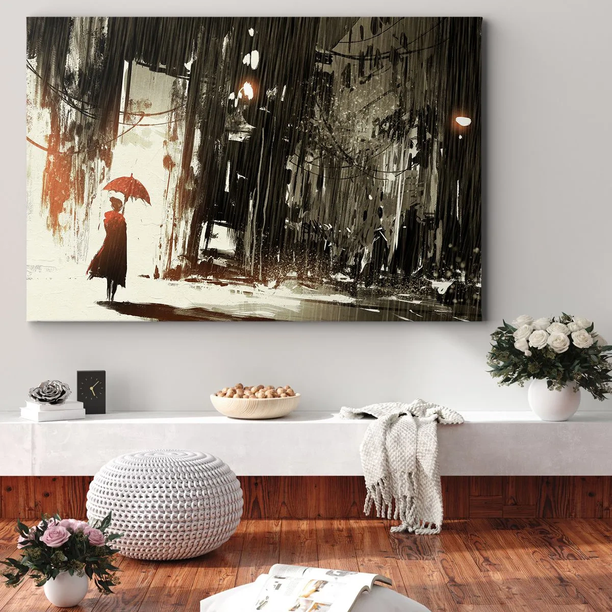 Cuadro sobre lienzo - Impresión de Imagen - Una figura roja con un paraguas en una escena lluviosa. - 120x80cm - Poesía de un paraguas rojo - Decoración de pared moderna para salón y dormitorio ARTTOR