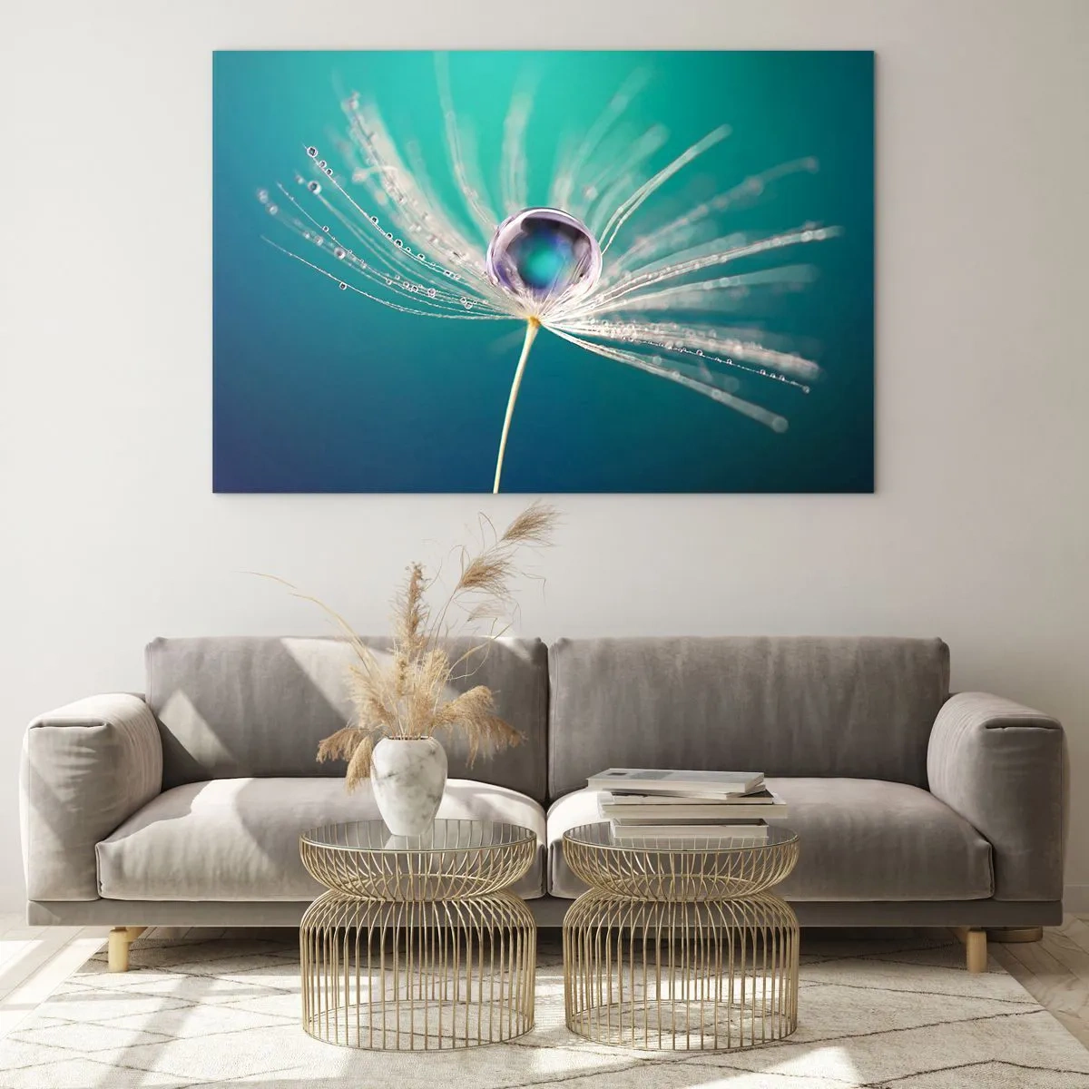 Cuadro sobre vidrio - Impresiones sobre Vidrio - Fotografía macro de una semilla de diente de león con una gota de rocío sobre un fondo turquesa. - 70x50cm - Momento místico - Decoración de pared moderna para salón y dormitorio ARTTOR