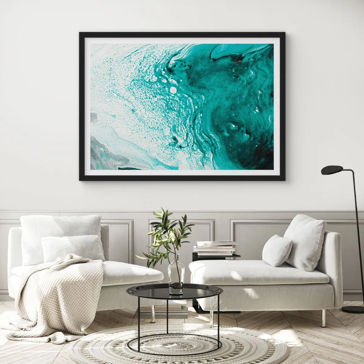 Póster en marco negro - Composición abstracta en tonos turquesa sobre fondo blanco. - 70x50cm - Disolución en blanco y turquesa - Decoración de pared moderna para salón y dormitorio ARTTOR