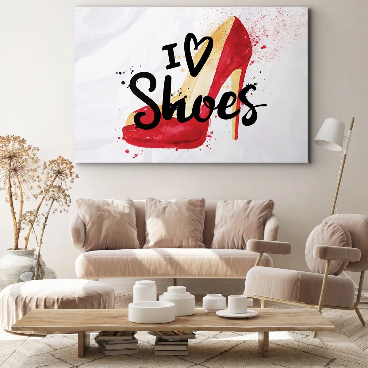 Cuadro sobre lienzo - Impresión de Imagen - Stiletto rojo con la inscripción I love Shoes sobre fondo blanco - 100x70cm - El amor tiene más de un nombre - Decoración de pared moderna para salón y dormitorio ARTTOR