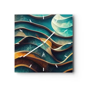 Reloj de pared - Reloj de vidrio - Ondas abstractas en tonos turquesa y dorado - 30x30cm - Meandros de azul - Decoración de pared moderna para salón y dormitorio ARTTOR